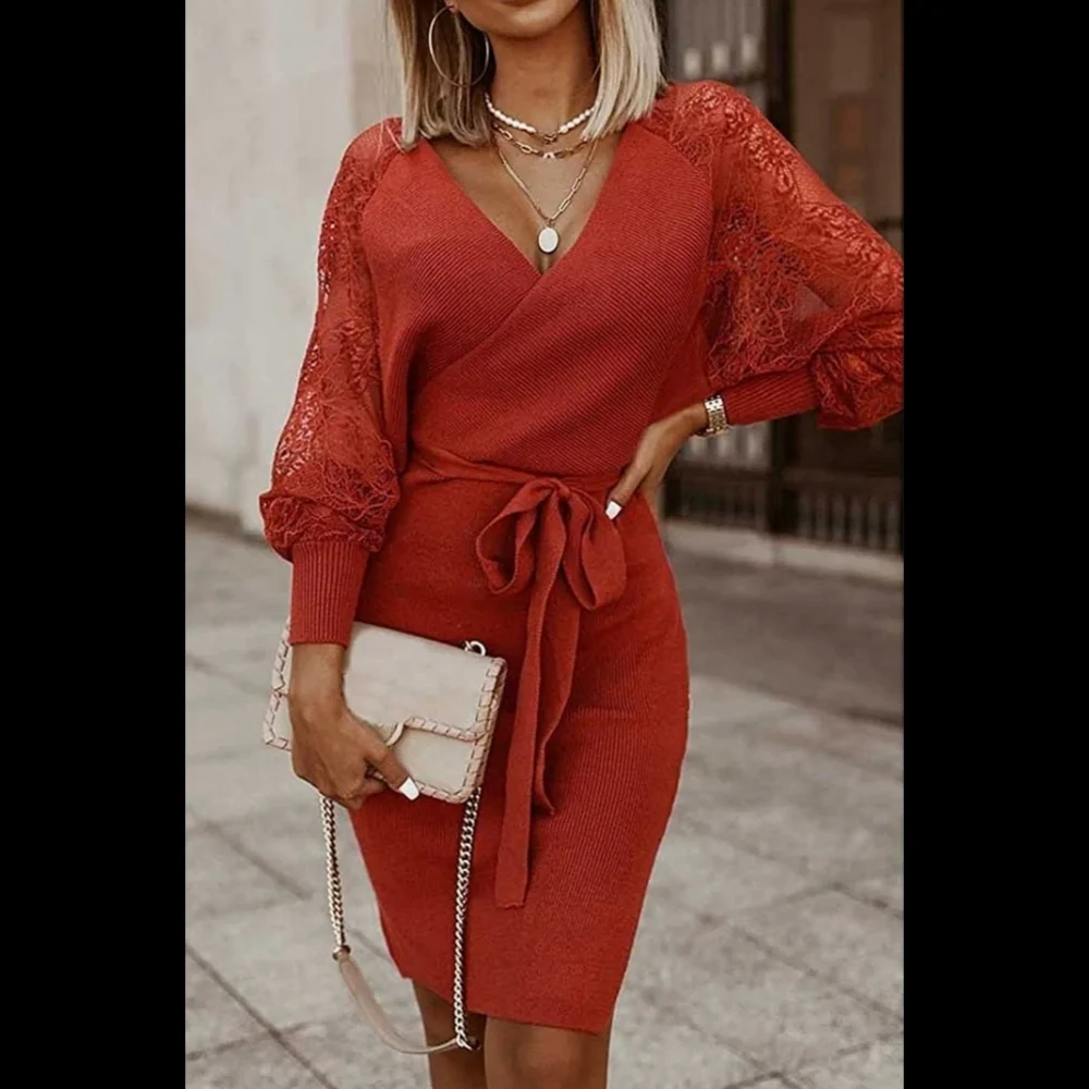 Khaki ribbed knit double v neck wrap waist floral lace sleeve sweater dress - Picture 4 of 5